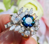Vintage 1950s Estate Platinum 4ct Blue Sapphire Diamond Cluster Cocktail Ring