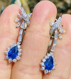 Vintage 18k Gold Royal Blue Sapphire G-H VS Diamond Dangle Drop Pendant Earrings