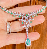 Vintage 1950s Estate 18k Gold 6ct Emerald Diamond Halo Necklace Pendant Retro
