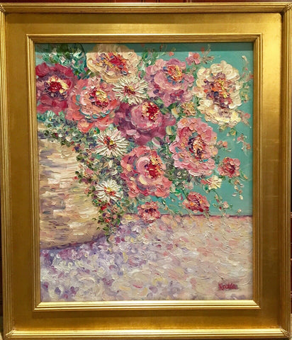 KADLIC Abstract Floral Still Life Impasto Original Oil Painting Gold Frame