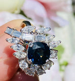 Vintage 1950s Estate Platinum 4ct Blue Sapphire Diamond Cluster Cocktail Ring