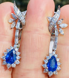 Vintage 18k Gold Royal Blue Sapphire G-H VS Diamond Dangle Drop Pendant Earrings