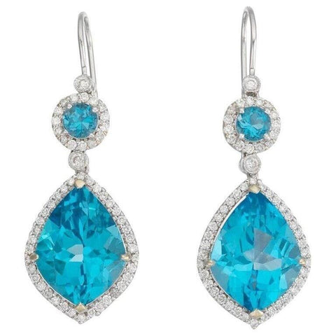 18k Gold Eli Frei Designer Blue Topaz Diamond Halo Drop Dangle Pendant Earrings