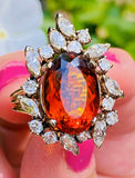Vintage 14k Gold Mandarin Citrine Marquise Diamond Halo Ballerina Cocktail Ring
