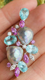 Vintage Estate 18k Gold Diamond Pearl Pink Sapphire Tourmaline Brooch Pendant