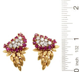 Vintage Estate 1940s Art Deco 3.70ct VS Diamond Ruby 18K Gold Cluster Earrings