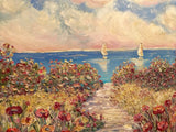 30x30” Pinks Floral Flowers Beach Seascape KADLIC Original Oil Painting Art
