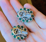 Impressive Vintage Estate 14k Gold 17ct Emerald Diamond Halo Drop Clip Earrings