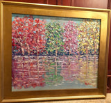 KADLIC Abstract Autumn Trees  Landscape Art Original Oil Painting Gold Frame 24”