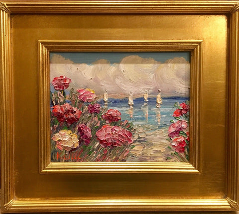 KADLIC French Poppies Seascape Sailboats Gilt Wood Frame 8x10”