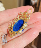 Vintage 1960s-70s Large Retro 18K Gold Lapis Lazuli Diamond Necklace Pendant
