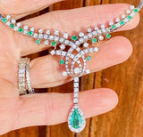 Vintage 1950s Estate 18k Gold 6ct Emerald Diamond Halo Necklace Pendant Retro
