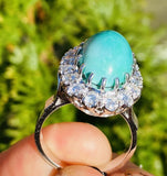 Vintage Estate 14k Gold Turquoise Cabachon 9ct Diamond Halo Ballerina Ring
