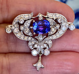 Vintage Midcentury Art Deco 18k Gold Tanzanite Diamond Clip Pin Brooch Pendant