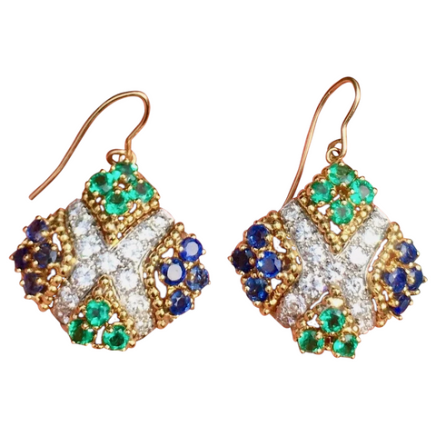 Vintage Estate 18k Gold 3.80ct Emerald Sapphire VS Diamond Dangle Drop Earrings