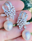 Vintage Estate 14k Gold Cultured Pearl G VS Diamond Drop Dangle Pendant Earrings