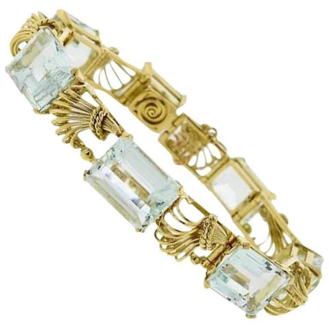 Stunning 1950s 18k Gold Retro  42+ Carat Aquamarine Bracelet