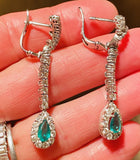 Vintage Estate 18k Gold 5.60ctw Emerald Diamond Halo Pear Dangle Drop Earrings