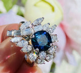 Vintage 1950s Estate Platinum 4ct Blue Sapphire Diamond Cluster Cocktail Ring