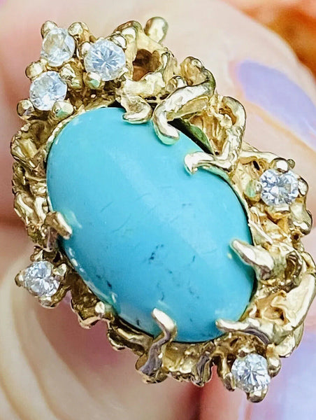Vintage 1960s Freeform 14k Gold Turquoise Diamond Ring Retro