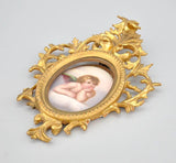 KPM Style Painted Porcelain Plaque Cherub Gold Giltwood Italy Tole Frame 19th C