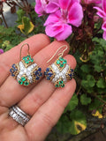 Vintage Estate 18k Gold 3.80ct Emerald Sapphire VS Diamond Dangle Drop Earrings