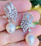 Vintage Estate 14k Gold Cultured Pearl G VS Diamond Drop Dangle Pendant Earrings