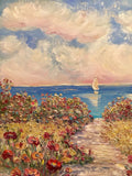 30x30” Pinks Floral Flowers Beach Seascape KADLIC Original Oil Painting Art