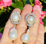 Striking 18k Gold Vintage South Sea Pearl 2.20ct VS Diamond Drop Earrings