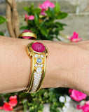 Vintage Estate Italian 18k Gold Pink Tourmaline Moonstone Diamond Cuff Bracelet