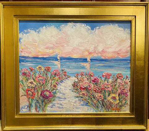 KADLIC Abstract Sunset Seascape Impasto Original Oil Painting Gold Frame 28”