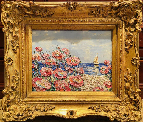 KADLIC Original Oil Painting Abstract Seascape Impasto Gold Gilt 15" Frame Pinks