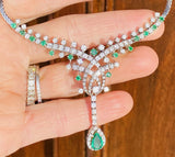 Vintage 1950s Estate 18k Gold 6ct Emerald Diamond Halo Necklace Pendant Retro