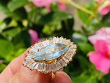Vintage 18k Gold Aquamarine Ring-Dant Diamond Baguette Halo Ballerina Ring