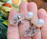 Vintage Estate 14k Gold Cultured Pearl G VS Diamond Drop Dangle Pendant Earrings