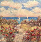 30x30” Pinks Floral Flowers Beach Seascape KADLIC Original Oil Painting Art