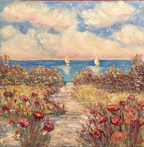 30x30” Pinks Floral Flowers Beach Seascape KADLIC Original Oil Painting Art