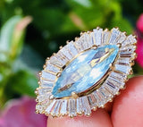 Vintage 18k Gold Aquamarine Ring-Dant Diamond Baguette Halo Ballerina Ring