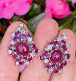 Vintage 1950s  18k Gold Ruby Cabachon VS Diamond Cluster Drop Earrings