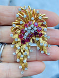 Vintage Art Deco French Heavy 18k Gold Ruby VS Diamond Brooch DES EN FRANCE