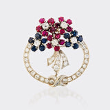 Vintage Art Deco 1940s 14k Gold Ruby Sapphire Diamond Brooch Pin Pendant