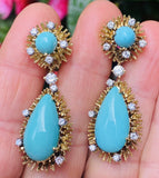 Vintage Retro Midcentury 18k Gold Turquoise Diamond Dangle Pendant Earrings
