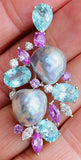 Vintage Estate 18k Gold Diamond Pearl Pink Sapphire Tourmaline Brooch Pendant