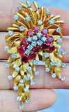 Vintage Art Deco French Heavy 18k Gold Ruby VS Diamond Brooch DES EN FRANCE