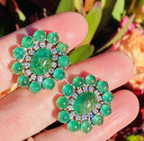 Impressive Vintage Estate 14k Gold 17ct Emerald Diamond Halo Drop Clip Earrings