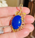 Vintage 1960s-70s Large Retro 18K Gold Lapis Lazuli Diamond Necklace Pendant