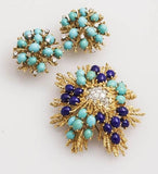 George Schuler 18k Gold Turquoise Lapis 0.98ct VS Diamond Brooch Pin Pendant