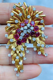 Vintage Art Deco French Heavy 18k Gold Ruby VS Diamond Brooch DES EN FRANCE