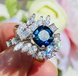 Vintage 1950s Estate Platinum 4ct Blue Sapphire Diamond Cluster Cocktail Ring
