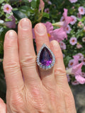 Vintage HUGE Platinum Gold Pear Amethyst Diamond Halo Ring